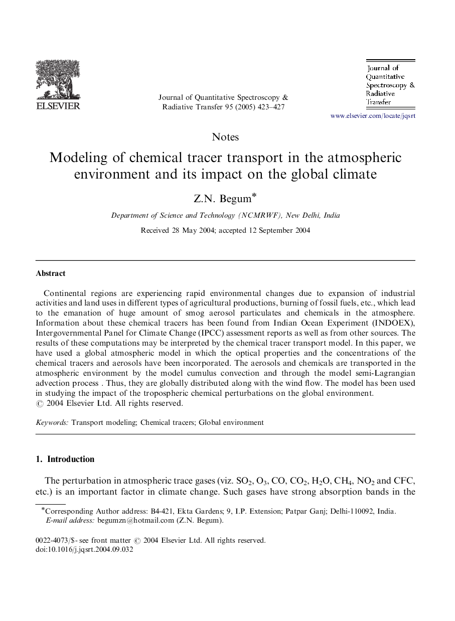 Modeling of chemical tracer transport in the atmospheric environment and its impact on the global climate