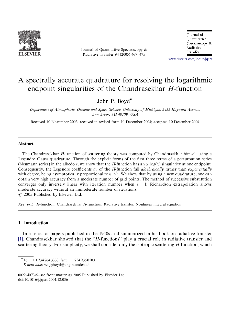 A spectrally accurate quadrature for resolving the logarithmic endpoint singularities of the Chandrasekhar H-function