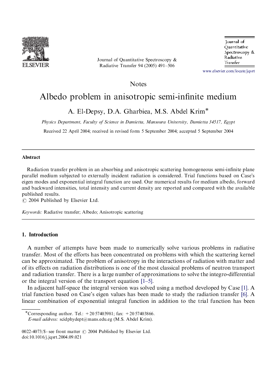 عکس صفحه اول مقاله: Albedo problem in anisotropic semi-infinite medium Albedo problem in anisotropic semi-infinite medium