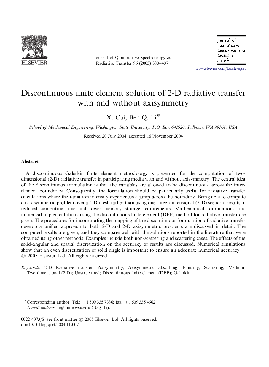 Discontinuous finite element solution of 2-D radiative transfer with and without axisymmetry