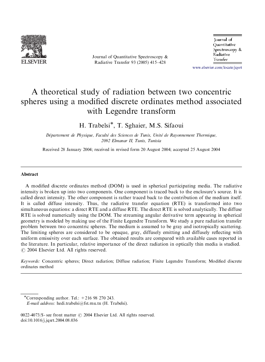A theoretical study of radiation between two concentric spheres using a modified discrete ordinates method associated with Legendre transform