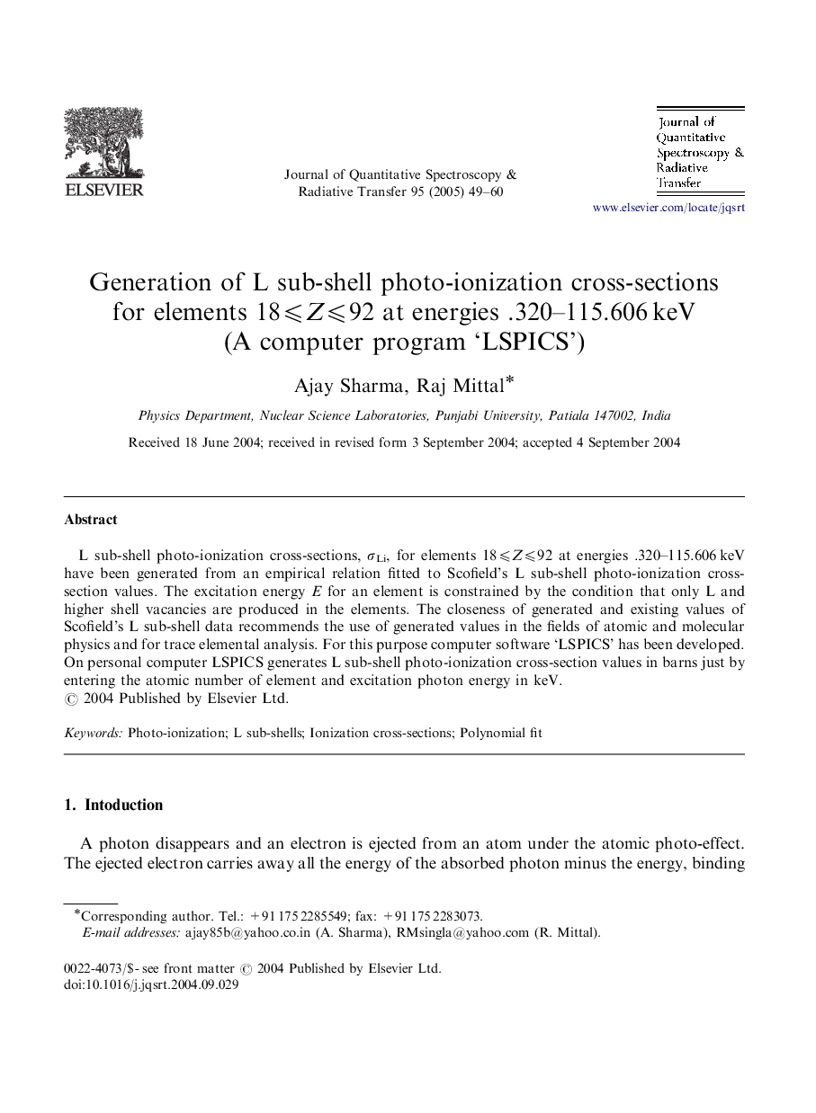 Generation of L sub-shell photo-ionization cross-sections for elements 18â©½Zâ©½92 at energies .320-115.606Â keV (A computer program 'LSPICS')