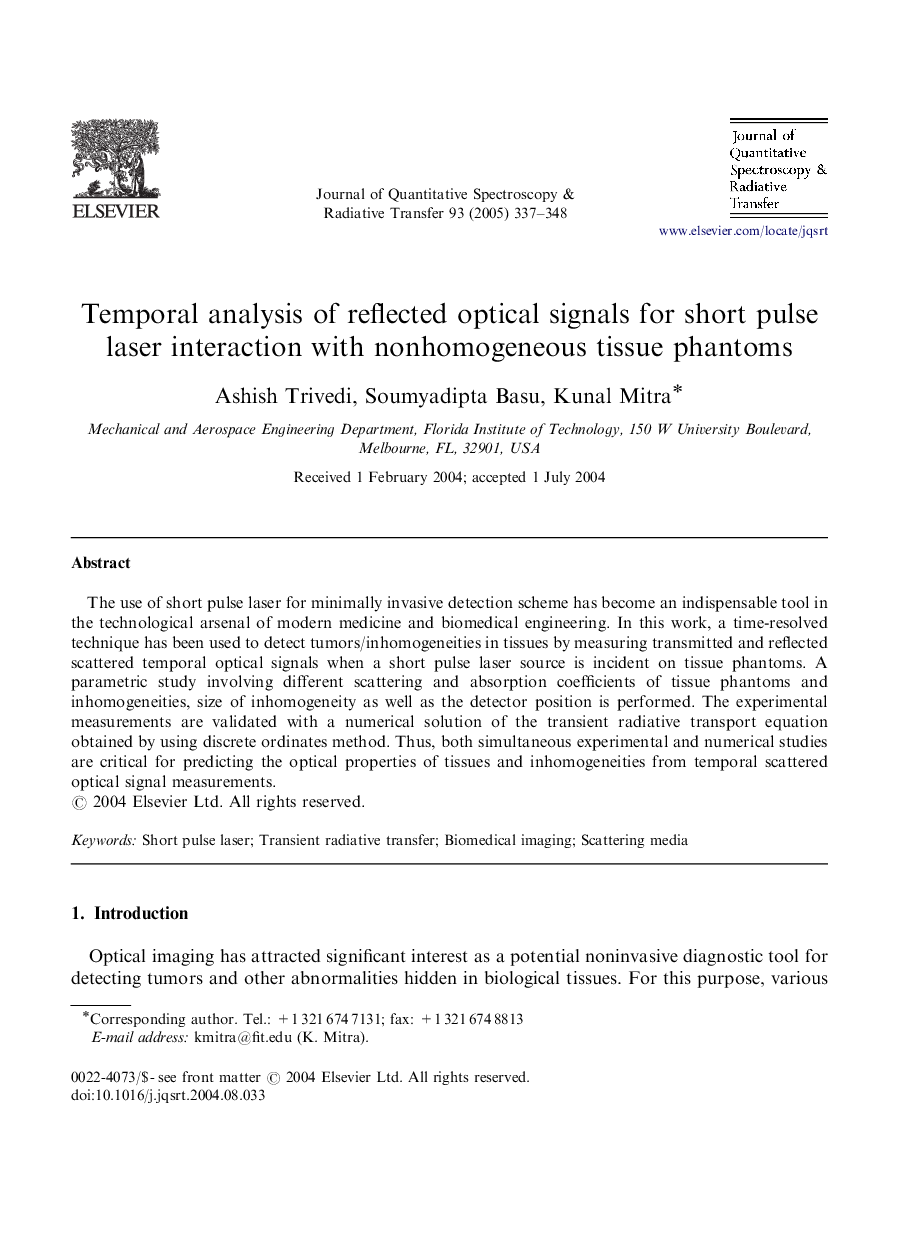 Temporal analysis of reflected optical signals for short pulse laser interaction with nonhomogeneous tissue phantoms