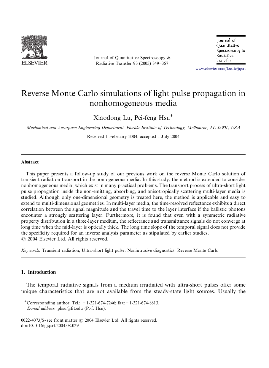 Reverse Monte Carlo simulations of light pulse propagation in nonhomogeneous media