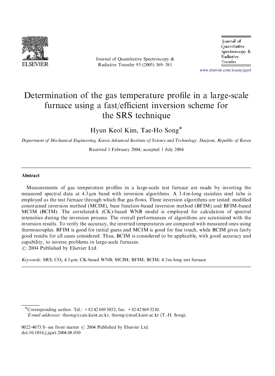 Determination of the gas temperature profile in a large-scale furnace using a fast/efficient inversion scheme for the SRS technique