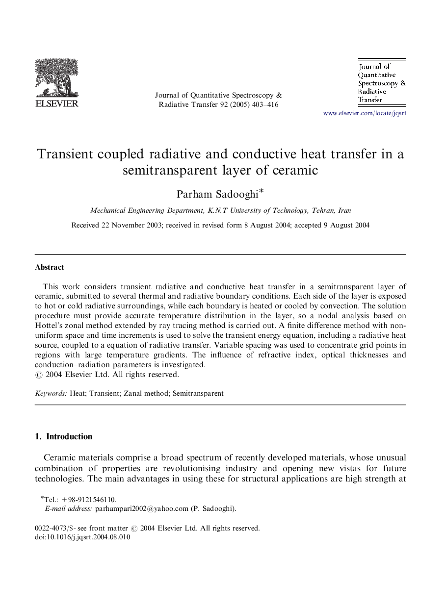 Transient coupled radiative and conductive heat transfer in a semitransparent layer of ceramic