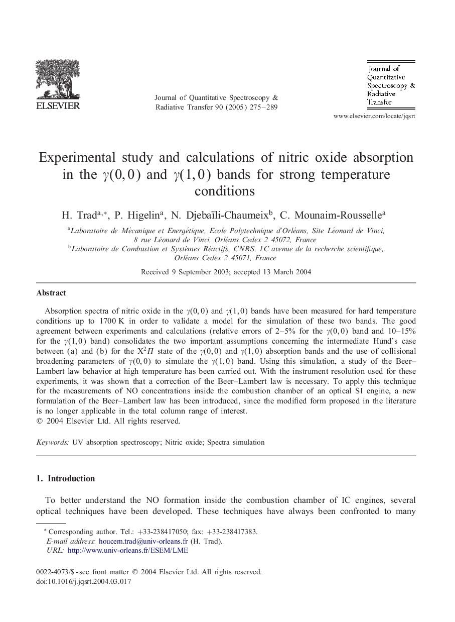 Experimental study and calculations of nitric oxide absorption in the Î³(0,0) and Î³(1,0) bands for strong temperature conditions