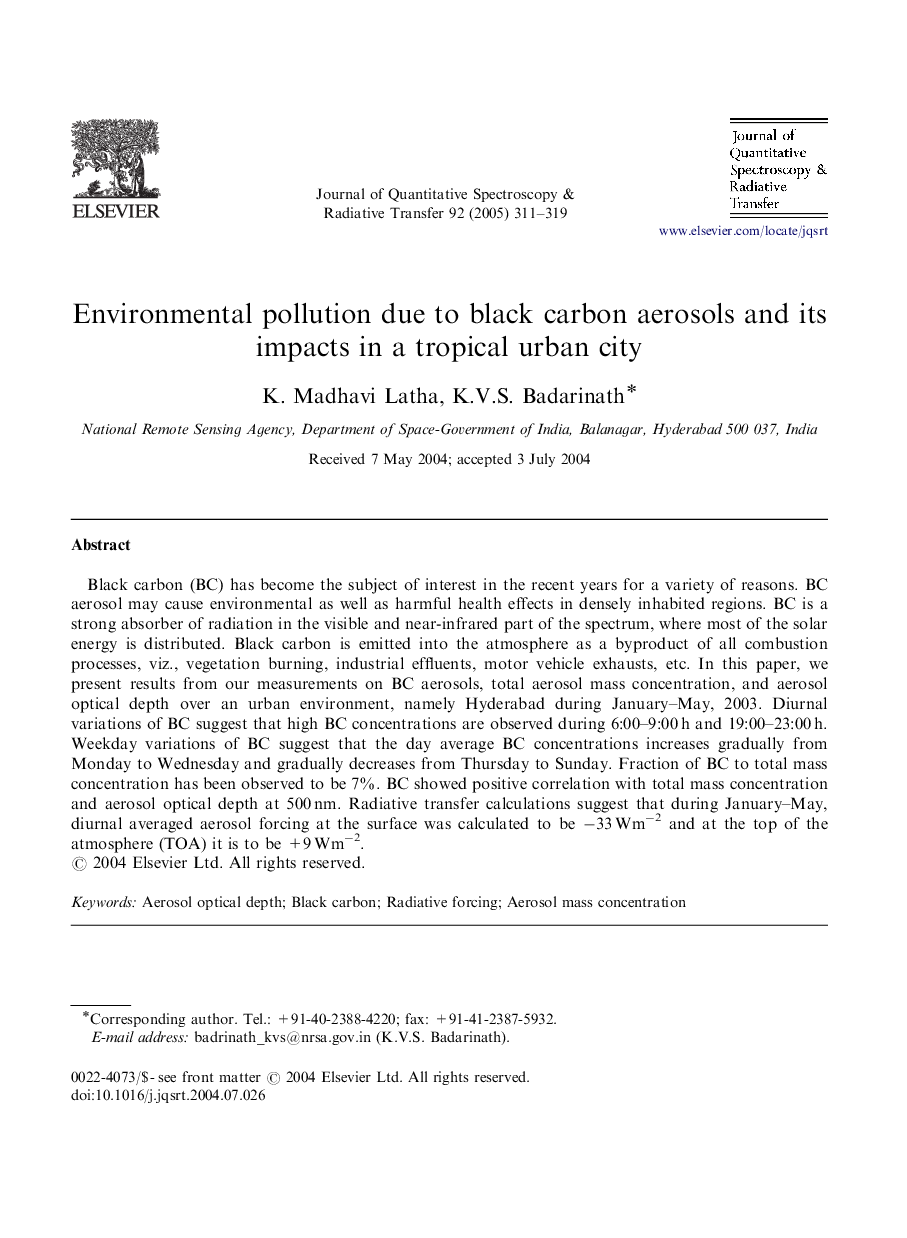 Environmental pollution due to black carbon aerosols and its impacts in a tropical urban city