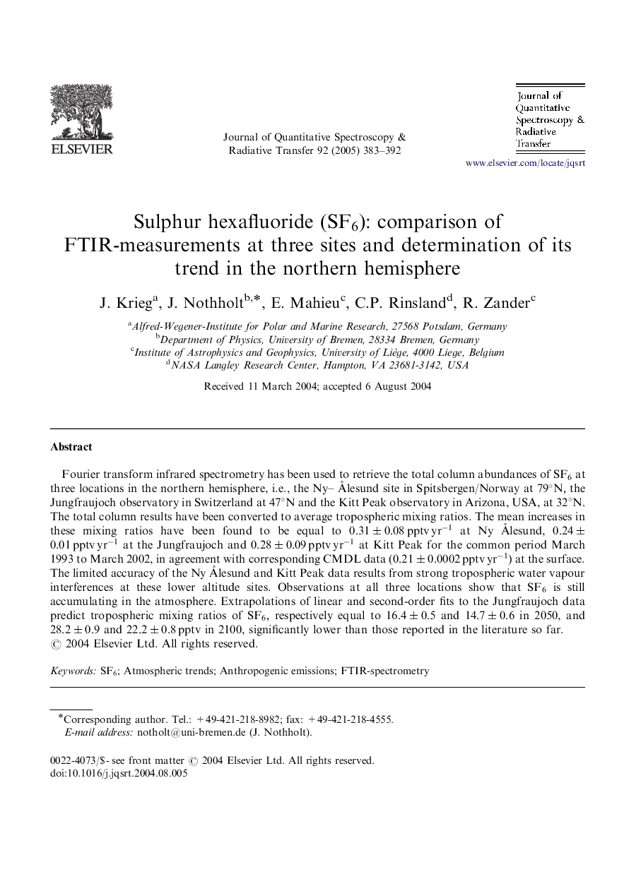 Sulphur hexafluoride (SF6): comparison of FTIR-measurements at three sites and determination of its trend in the northern hemisphere