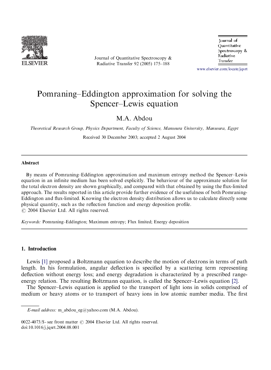 Pomraning-Eddington approximation for solving the Spencer-Lewis equation