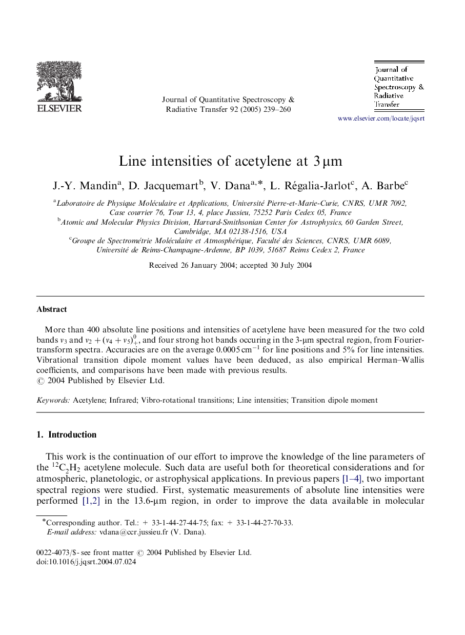 Line intensities of acetylene at 3Î¼m