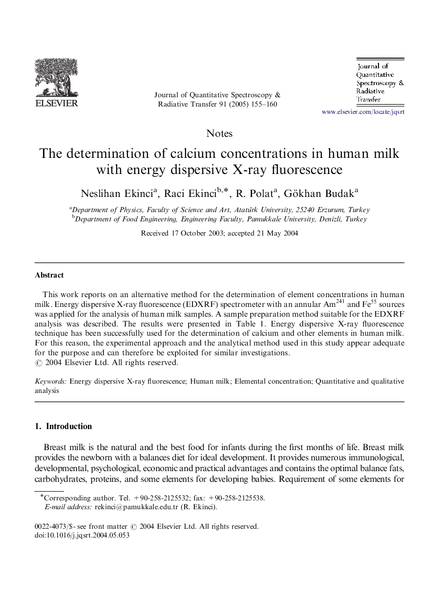 The determination of calcium concentrations in human milk with energy dispersive X-ray fluorescence