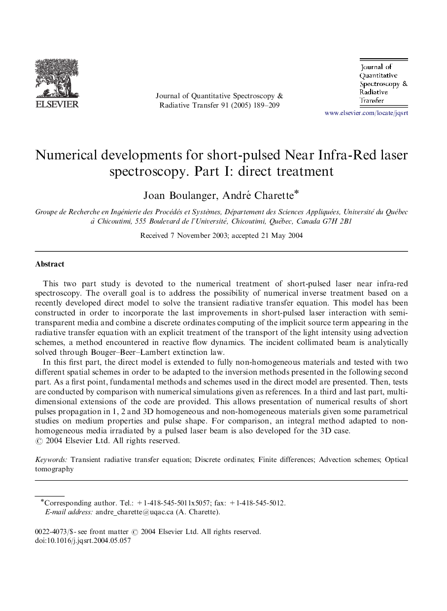 Numerical developments for short-pulsed Near Infra-Red laser spectroscopy. Part I: direct treatment