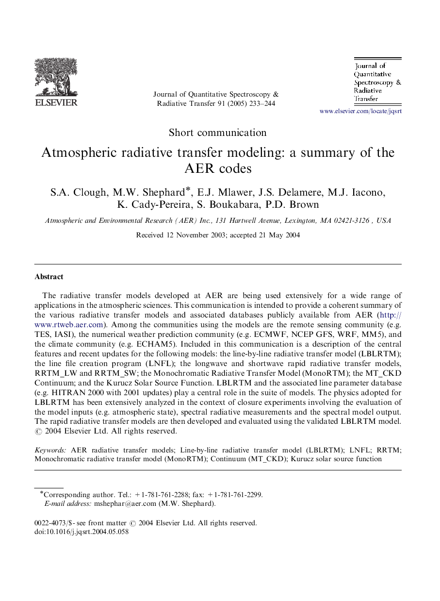 Atmospheric radiative transfer modeling: a summary of the AER codes