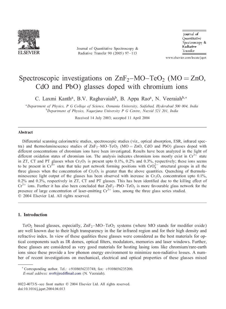 Spectroscopic investigations on ZnF2-MO-TeO2 (MO=ZnO, CdO and PbO) glasses doped with chromium ions