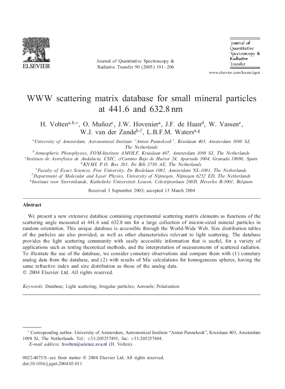 WWW scattering matrix database for small mineral particles at 441.6 and 632.8nm