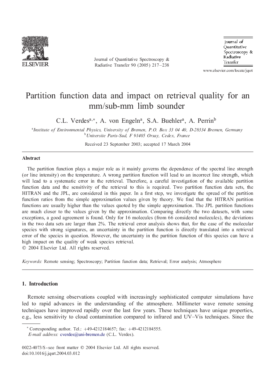 عکس صفحه اول مقاله: Partition function data and impact on retrieval quality for an mm/sub-mm limb sounder Partition function data and impact on retrieval quality for an mm/sub-mm limb sounder