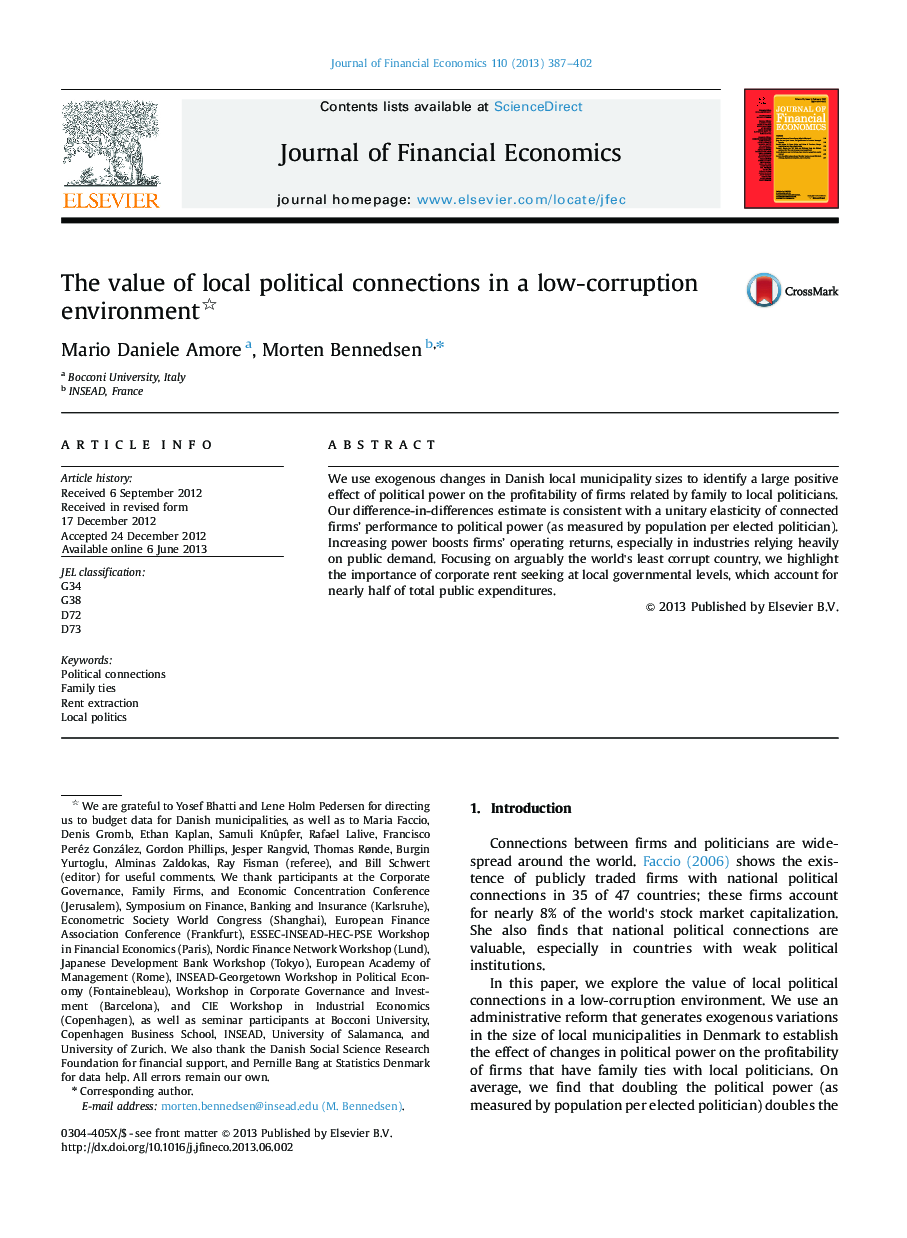 The value of local political connections in a low-corruption environment 