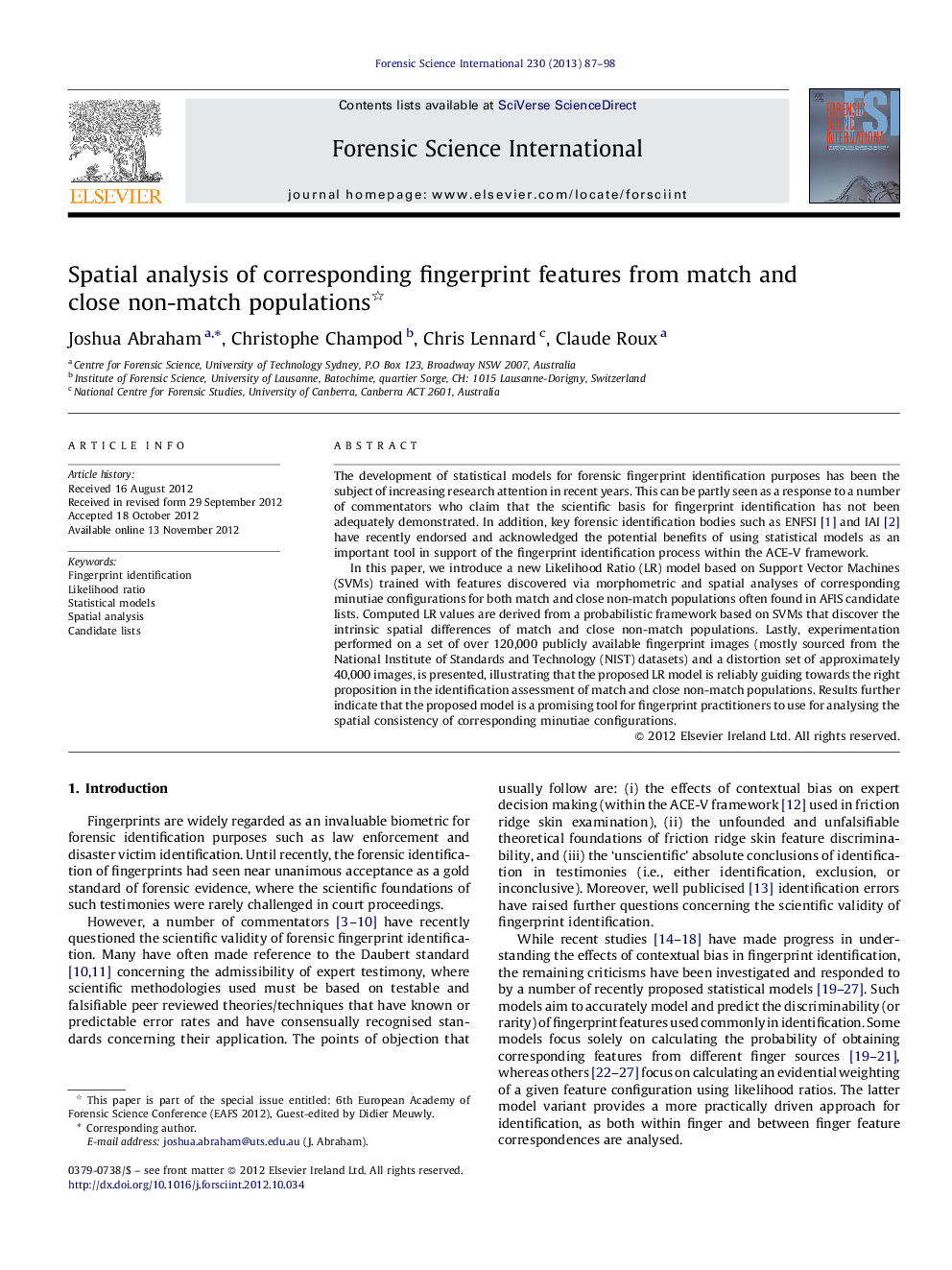 Spatial analysis of corresponding fingerprint features from match and close non-match populations 