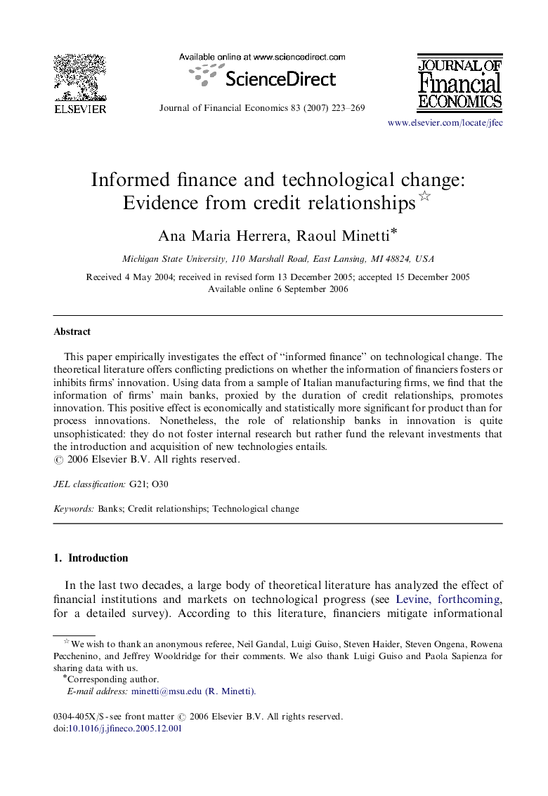 Informed finance and technological change: Evidence from credit relationships 