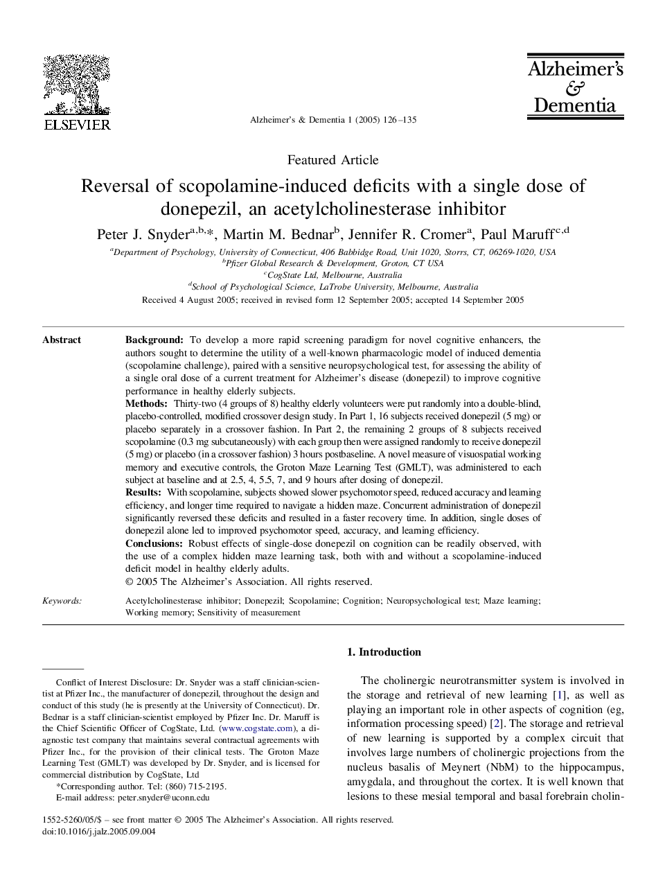 Reversal of scopolamine-induced deficits with a single dose of donepezil, an acetylcholinesterase inhibitor