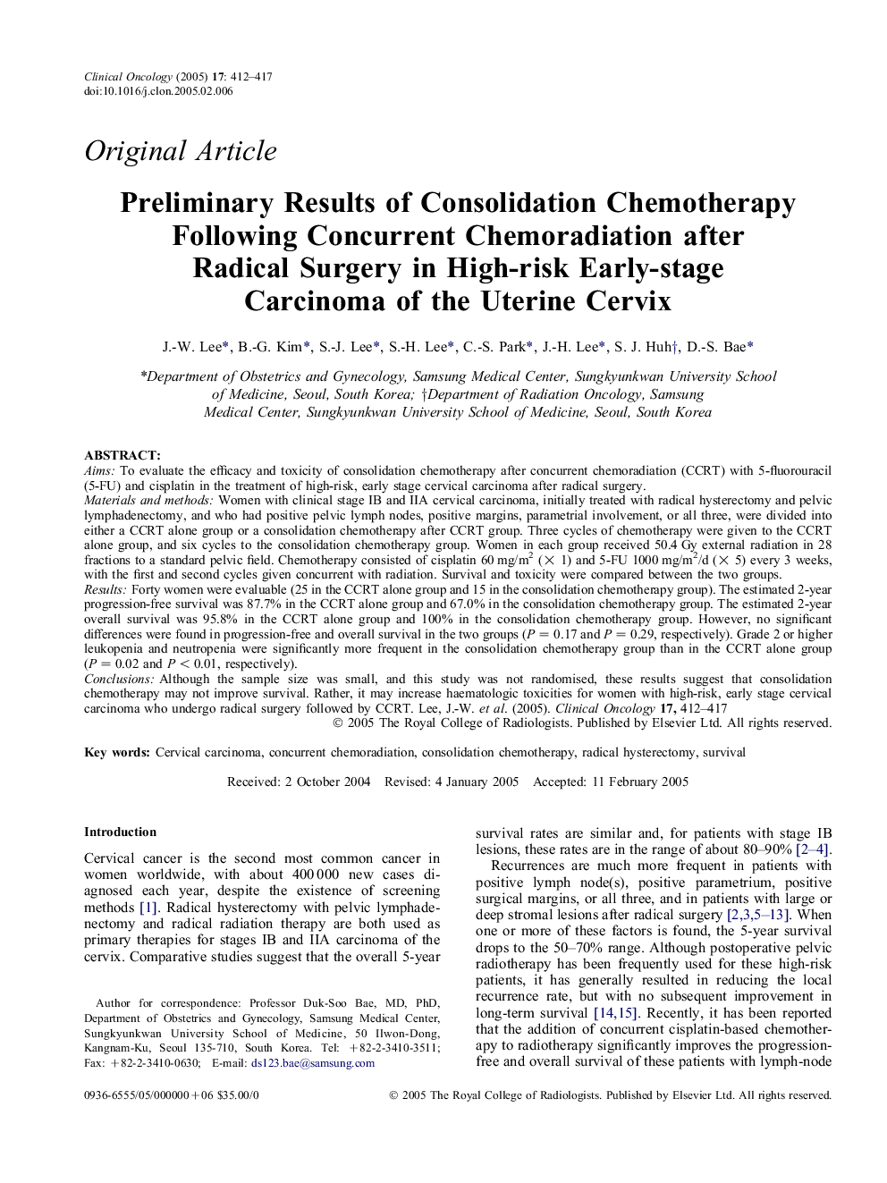 Preliminary Results of Consolidation Chemotherapy Following Concurrent Chemoradiation after Radical Surgery in High-risk Early-stage Carcinoma of the Uterine Cervix