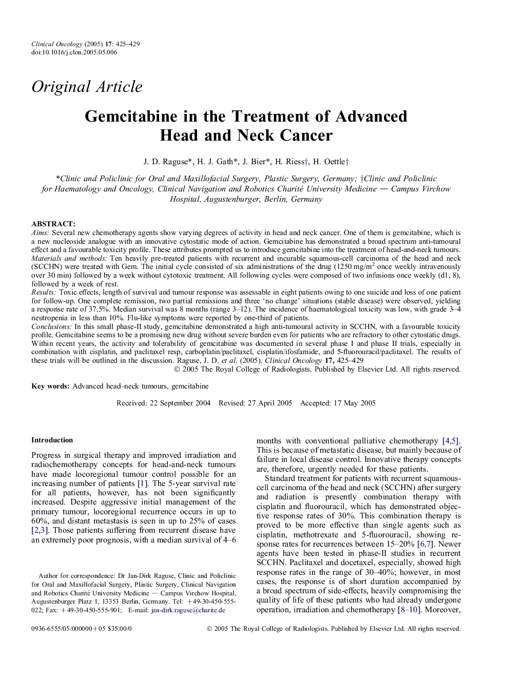 Gemcitabine in the Treatment of Advanced Head and Neck Cancer