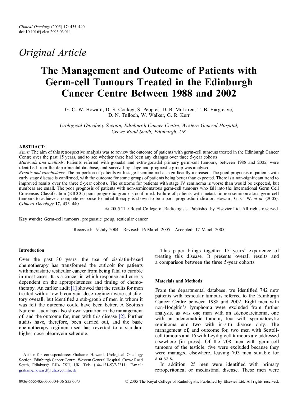 The Management and Outcome of Patients with Germ-cell Tumours Treated in the Edinburgh Cancer Centre Between 1988 and 2002