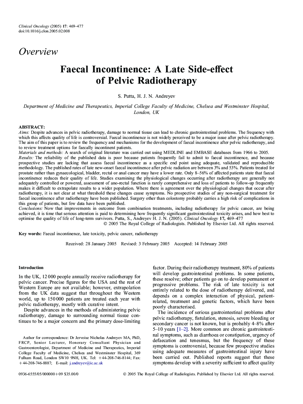 Faecal Incontinence: A Late Side-effect of Pelvic Radiotherapy