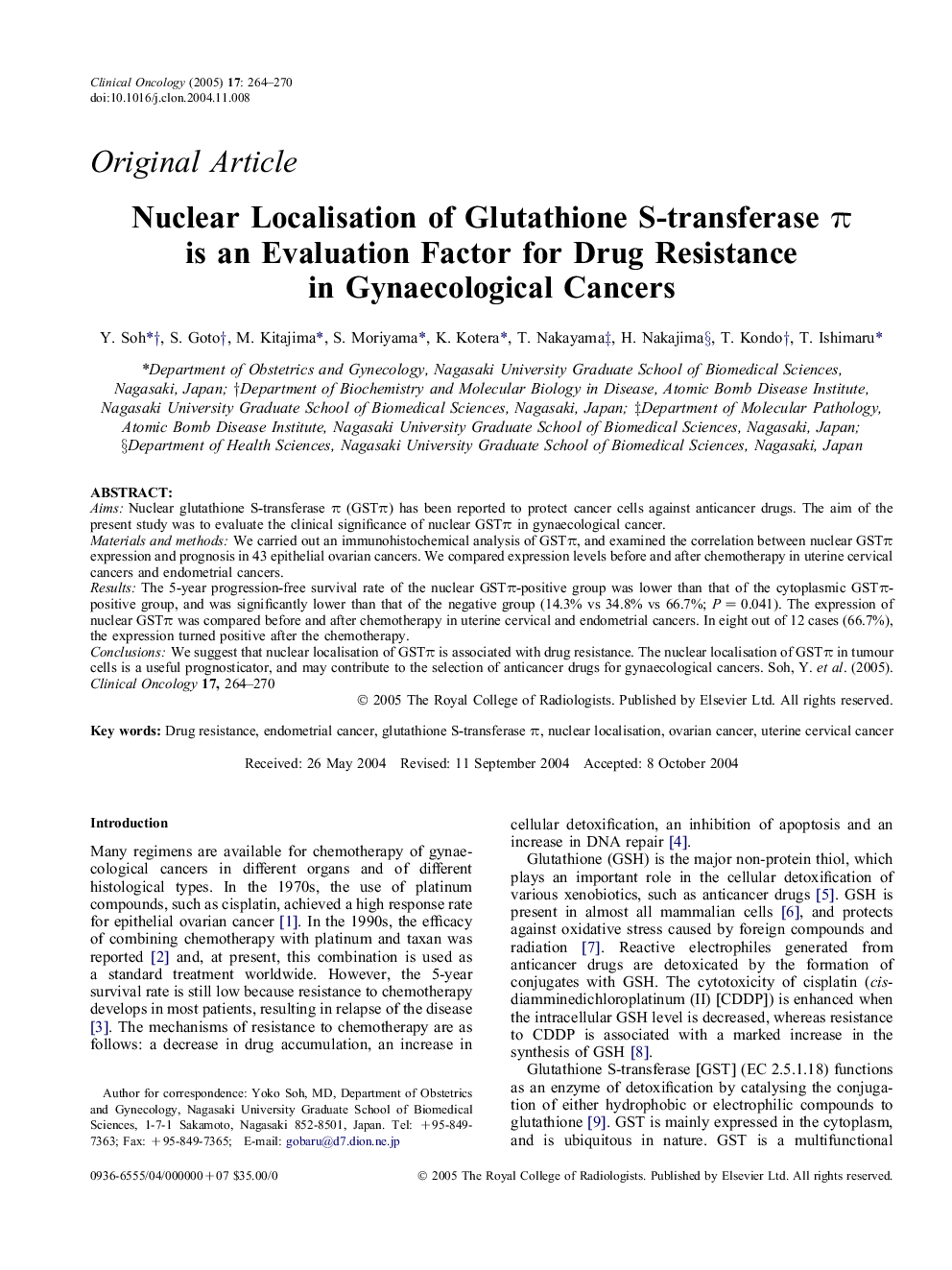 Nuclear localisation of glutathione S-transferase Ï is an evaluation factor for drug resistance in gynaecological cancers