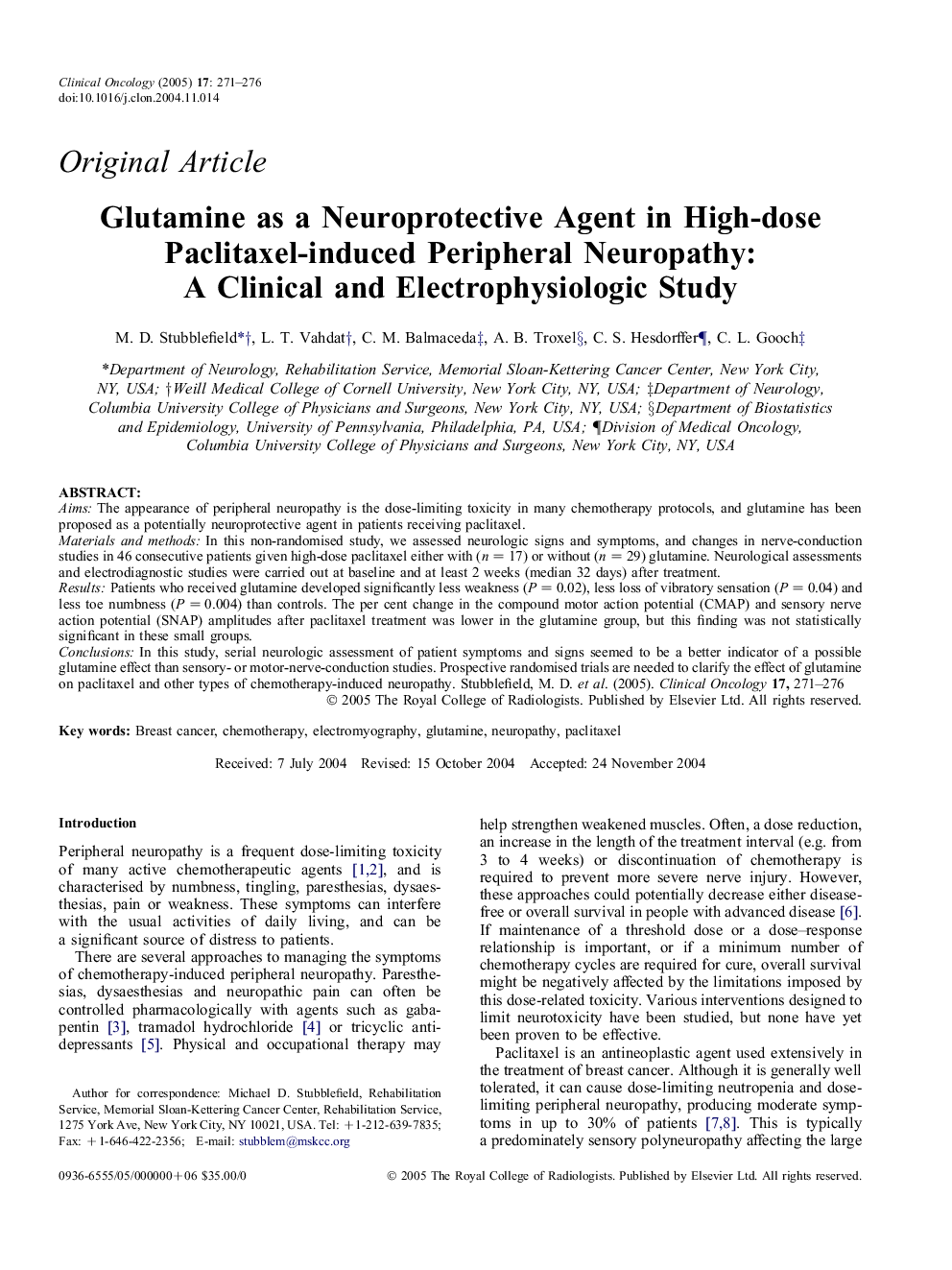 Glutamine as a Neuroprotective Agent in High-dose Paclitaxel-induced Peripheral Neuropathy: A Clinical and Electrophysiologic Study