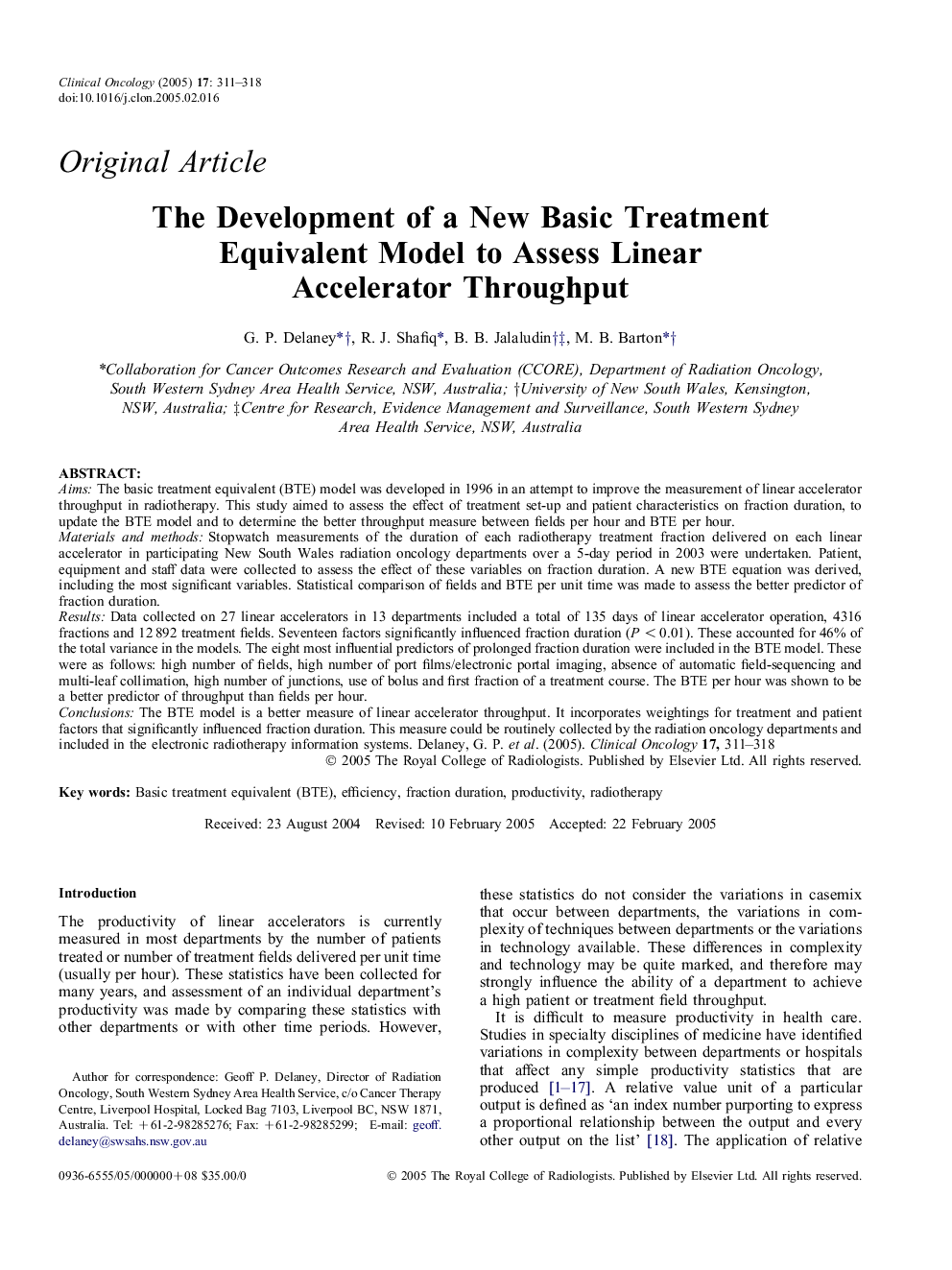 The Development of a New Basic Treatment Equivalent Model to Assess Linear Accelerator Throughput