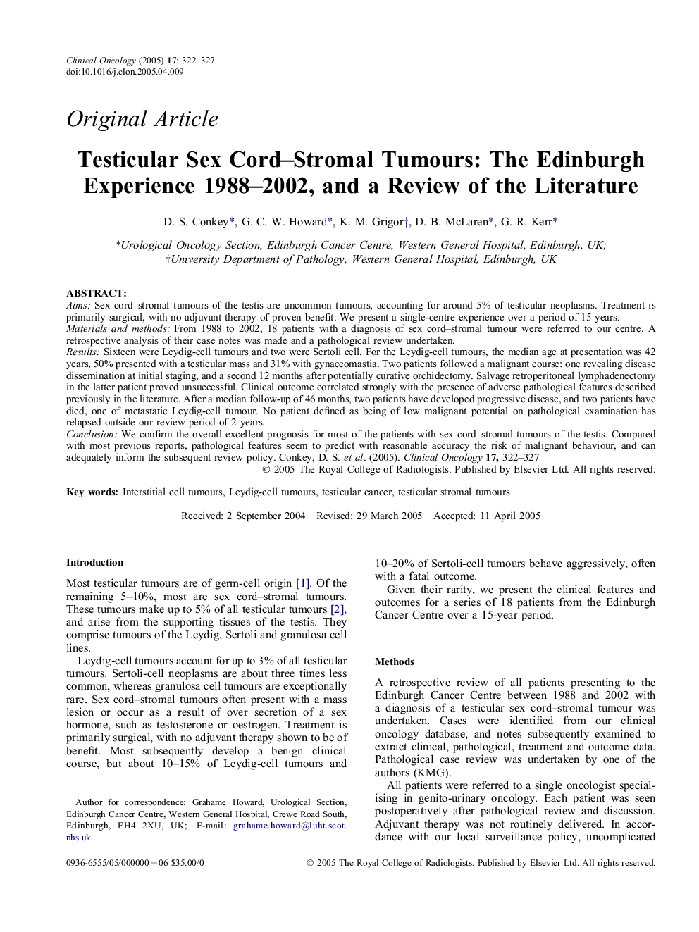 Testicular Sex Cord-Stromal Tumours: The Edinburgh Experience 1988-2002, and a Review of the Literature