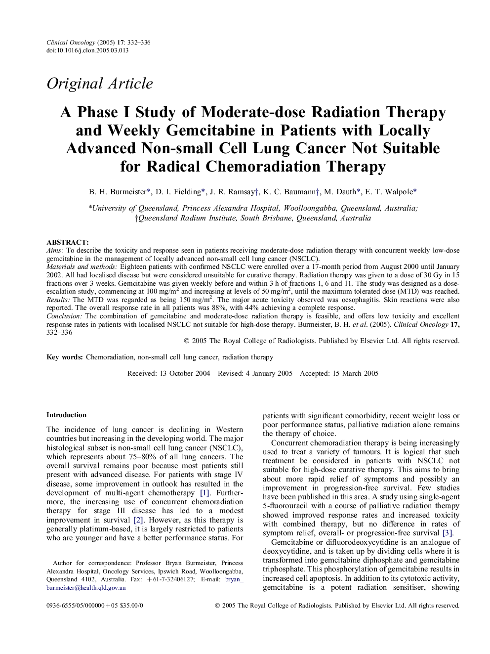 A Phase I Study of Moderate-dose Radiation Therapy and Weekly Gemcitabine in Patients with Locally Advanced Non-small Cell Lung Cancer Not Suitable for Radical Chemoradiation Therapy