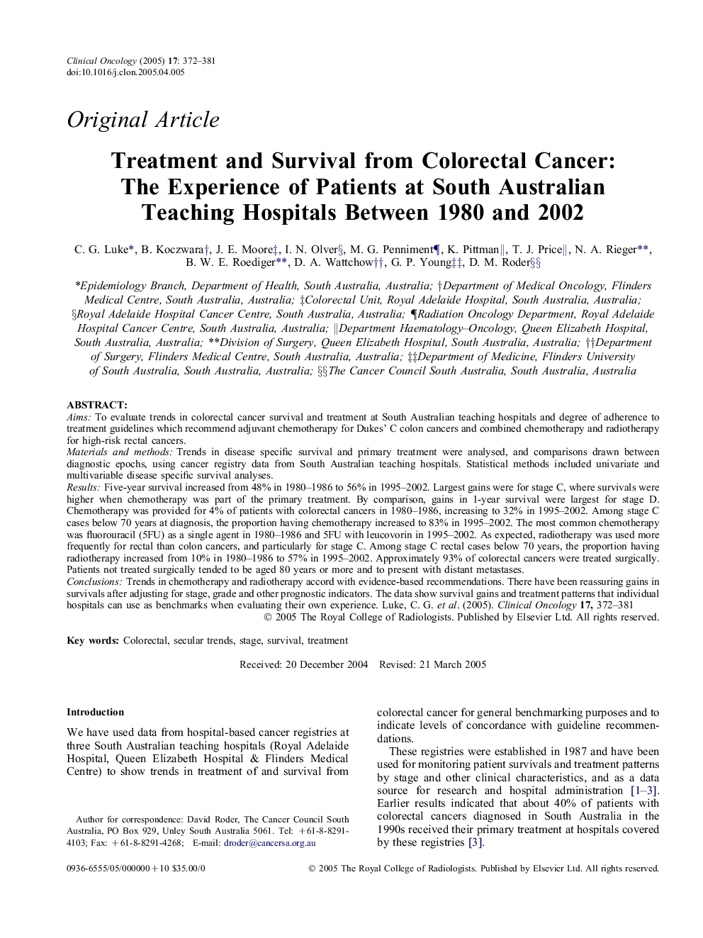 Treatment and Survival from Colorectal Cancer: The Experience of Patients at South Australian Teaching Hospitals Between 1980 and 2002