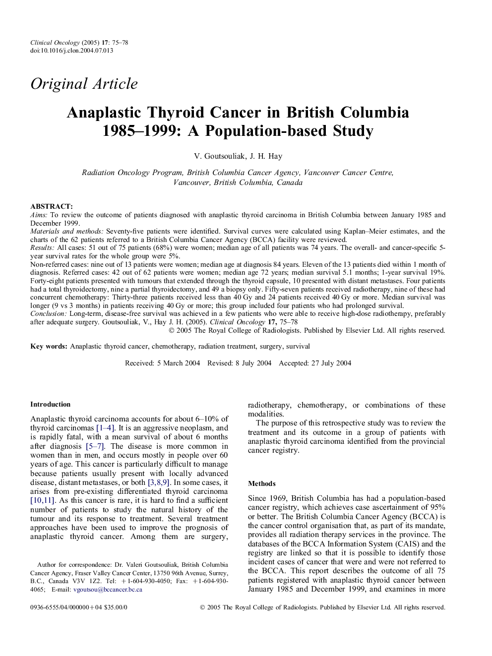 Anaplastic thyroid cancer in British Columbia 1985-1999: a population-based study