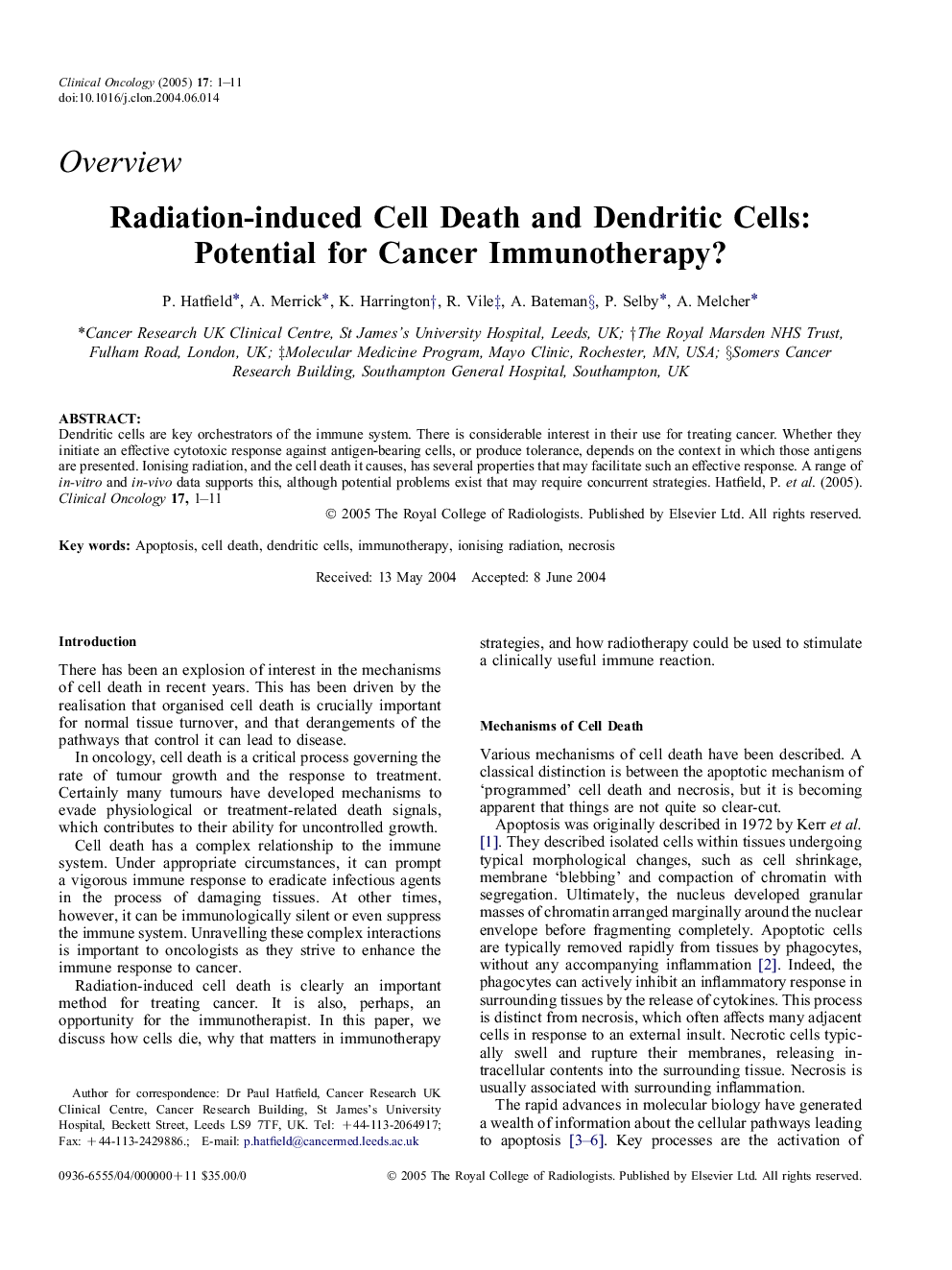 Radiation-induced cell death and dendritic cells: potential for cancer immunotherapy?