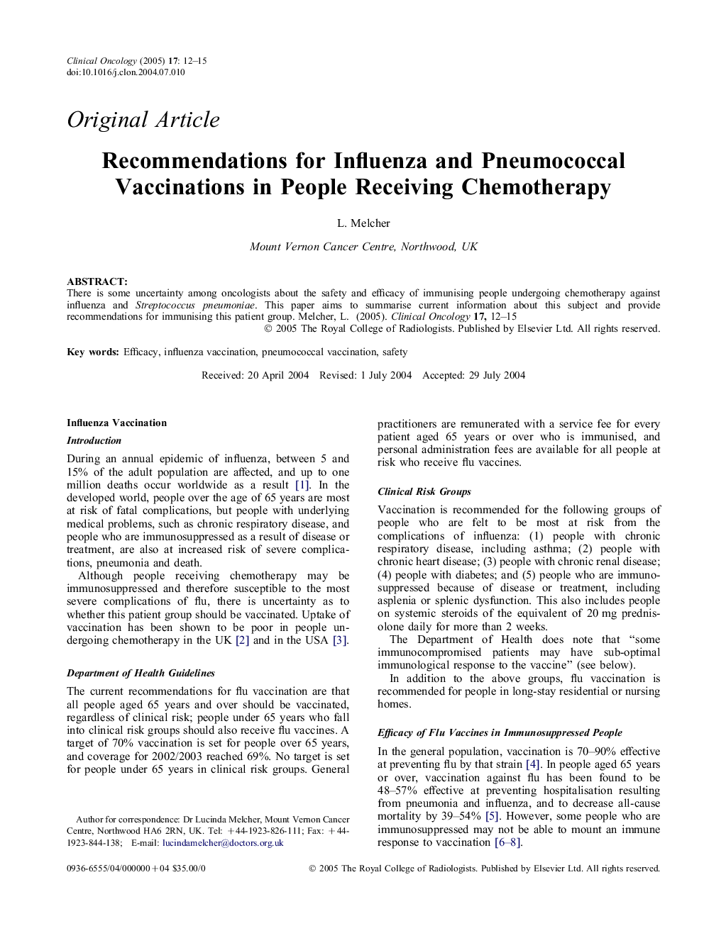 Recommendations for influenza and pneumococcal vaccinations in people receiving chemotherapy