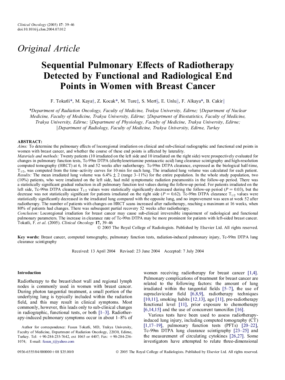 Sequential pulmonary effects of radiotherapy detected by functional and radiological end points in women with breast cancer