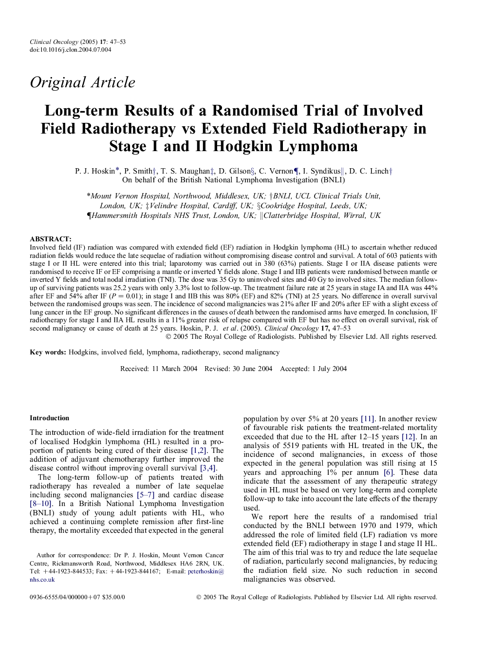 Long-term results of a randomised trial of involved field radiotherapy vs extended field radiotherapy in stage I and II Hodgkin lymphoma