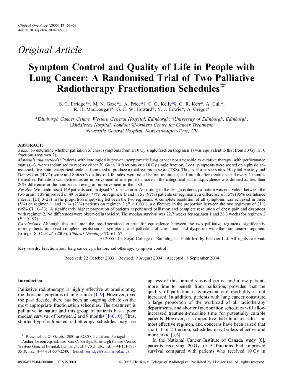 Symptom control and quality of life in people with lung cancer: a randomised trial of two palliative radiotherapy fractionation schedules