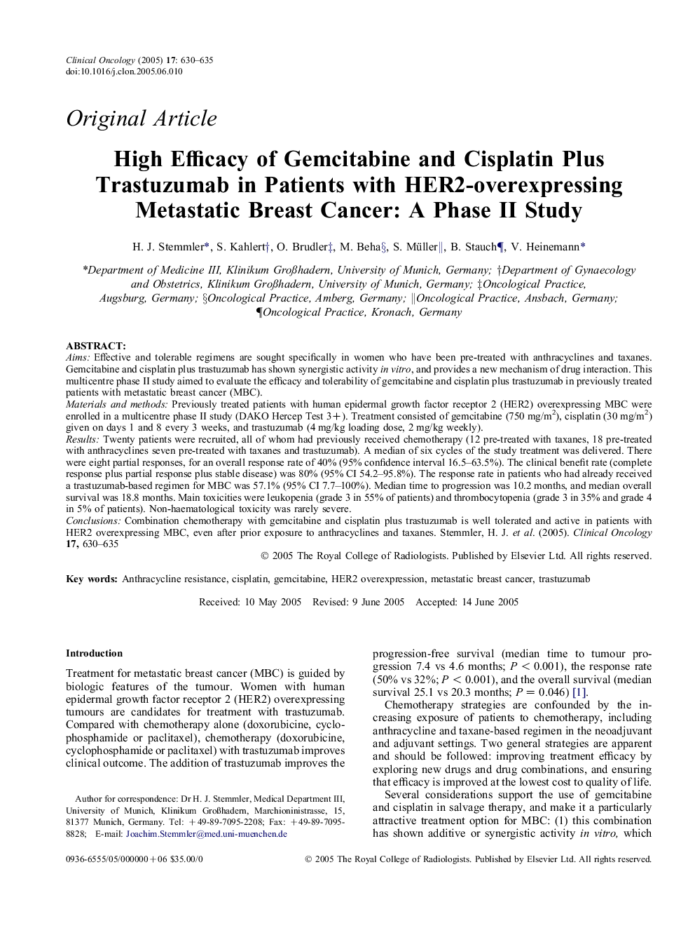 High Efficacy of Gemcitabine and Cisplatin Plus Trastuzumab in Patients with HER2-overexpressing Metastatic Breast Cancer: A Phase II Study