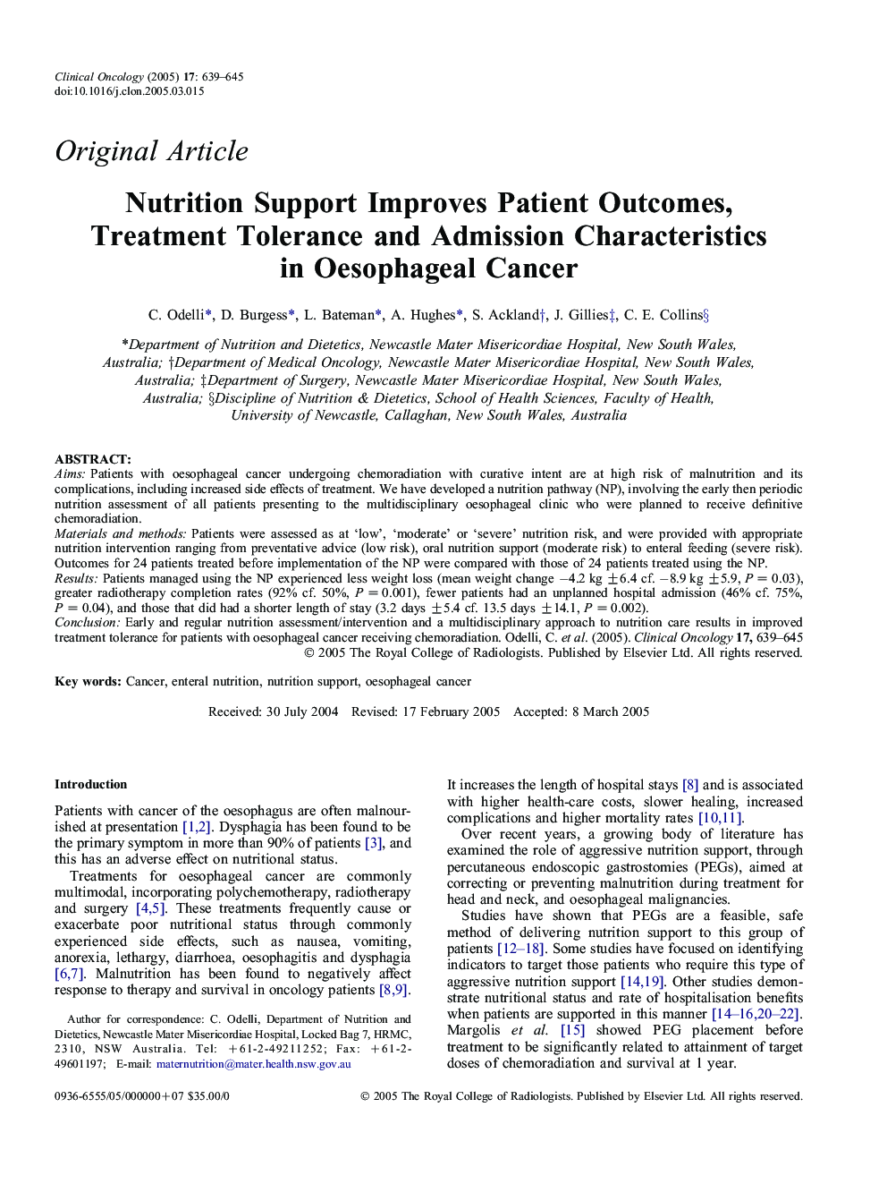 Nutrition Support Improves Patient Outcomes, Treatment Tolerance and Admission Characteristics in Oesophageal Cancer