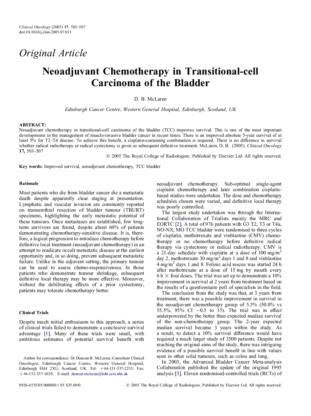 Neoadjuvant Chemotherapy in Transitional-cell Carcinoma of the Bladder