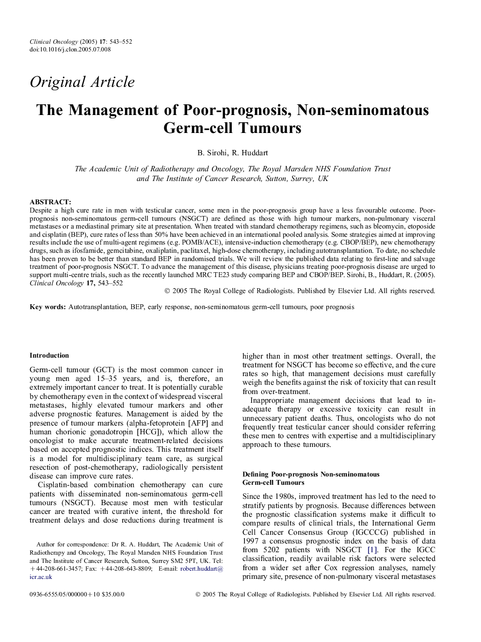 The Management of Poor-prognosis, Non-seminomatous Germ-cell Tumours