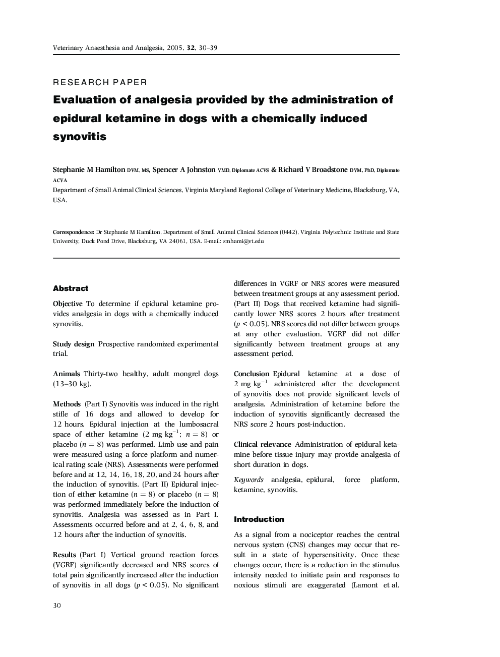 Evaluation of analgesia provided by the administration of epidural ketamine in dogs with a chemically induced synovitis