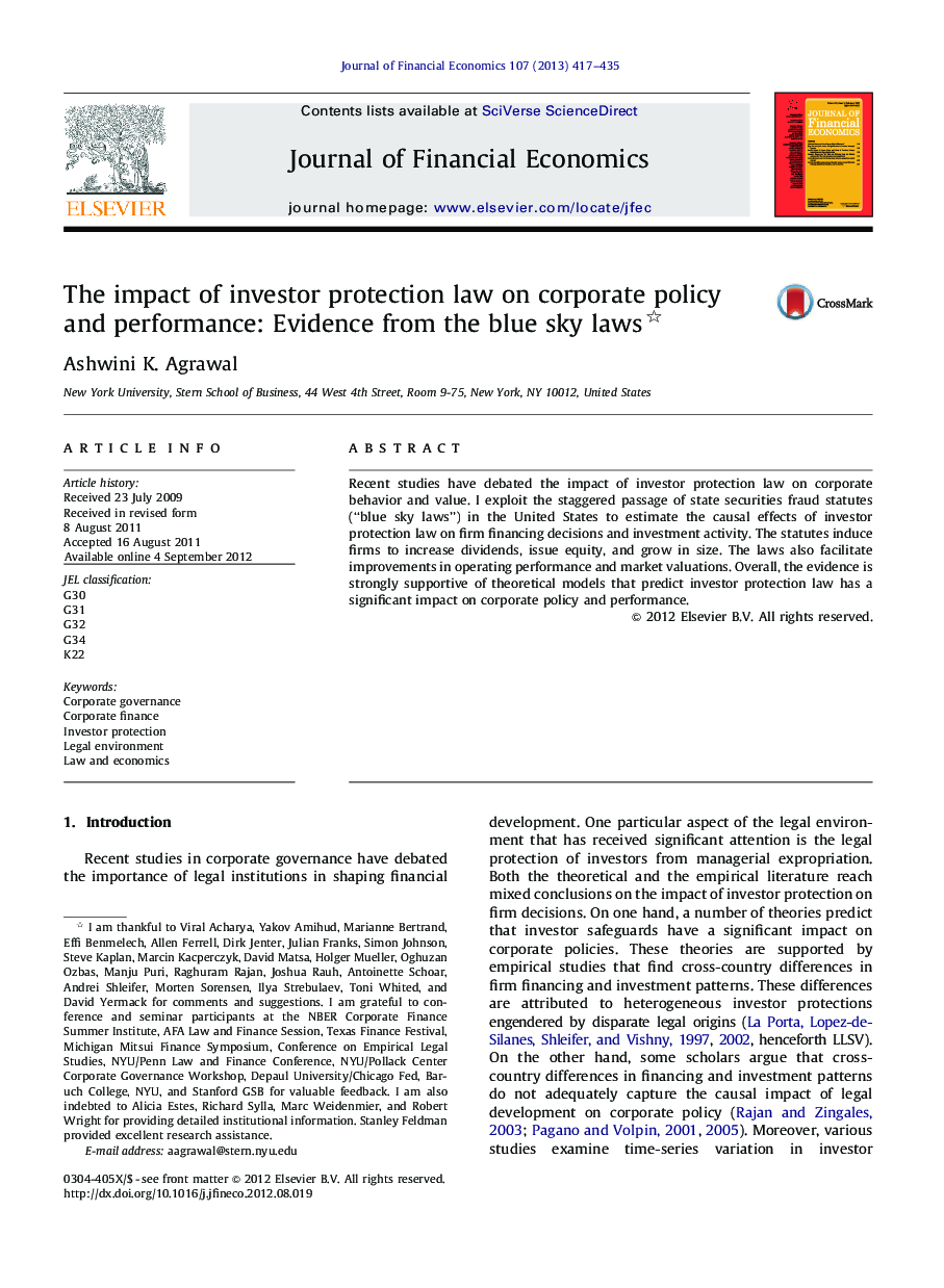 The impact of investor protection law on corporate policy and performance: Evidence from the blue sky laws 