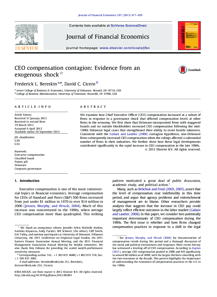 CEO compensation contagion: Evidence from an exogenous shock 