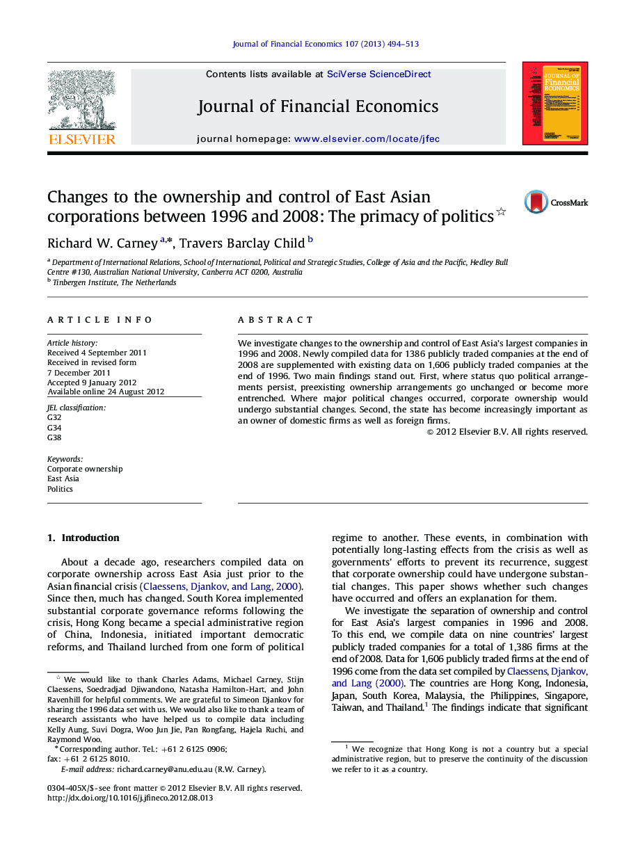 Changes to the ownership and control of East Asian corporations between 1996 and 2008: The primacy of politics 