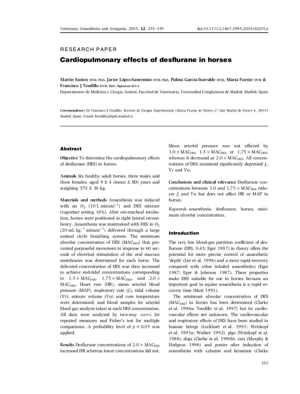 Cardiopulmonary effects of desflurane in horses